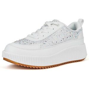 Lucky Step Women White Rhinestone Sparkly Chunky Retro Braided Casual Sneakers